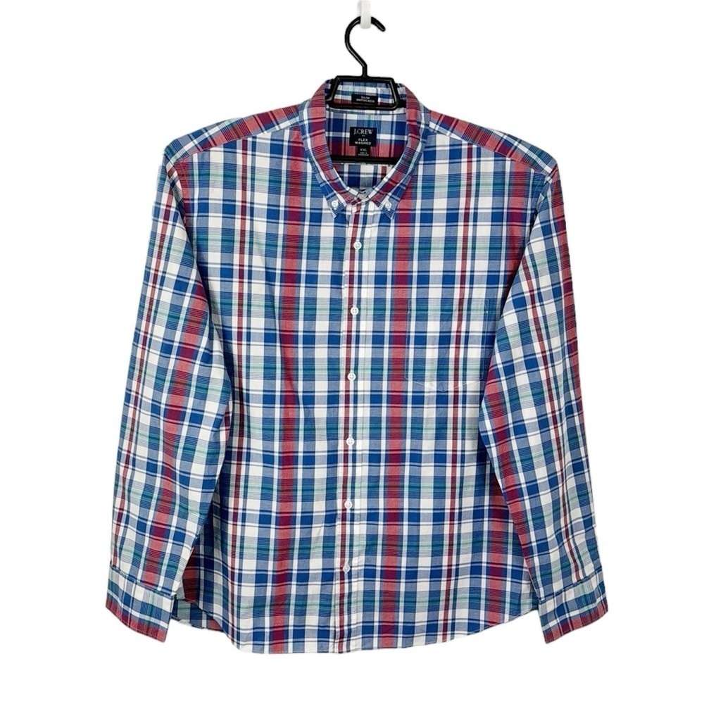 J. Crew Factory Flex Washed Button Shirt Men's Slim‎ Untucked XXL Blue Plaid New